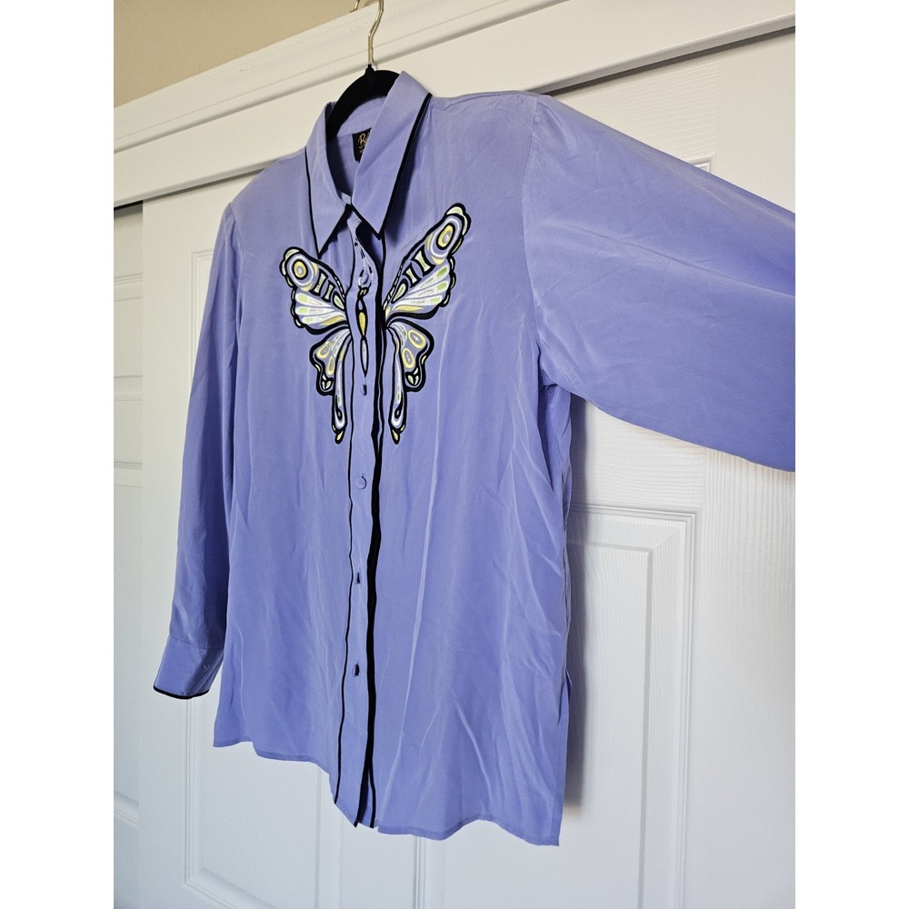 Vtg Bob Mackie Wearable Art Lavender Embroidered Butterfly ButtonUp Silk Blouse - Picture 9 of 16